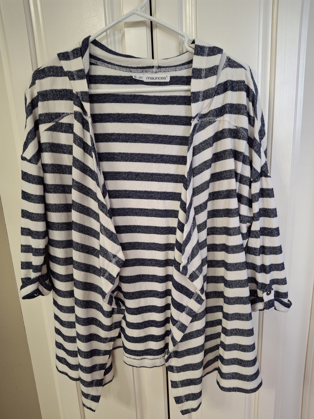 Maurices Navy and White Striped Open-Front Hooded Cardigan Sweater